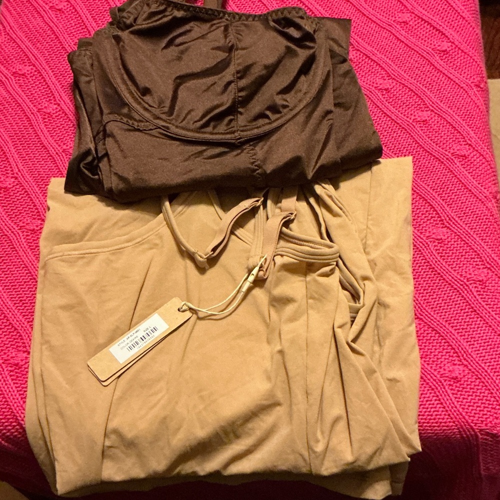 SKIMS coca Chemise and ochre slip dresses